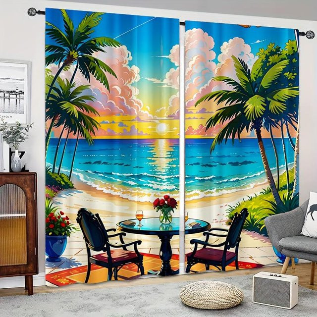 2er-Set Vorhänge mit Sonnenuntergang und Kokospalmen-Motiv von Yiran Furniture, halbtransparent, Multicolor, H: 130 cm, B: 50 cm - Bild 1