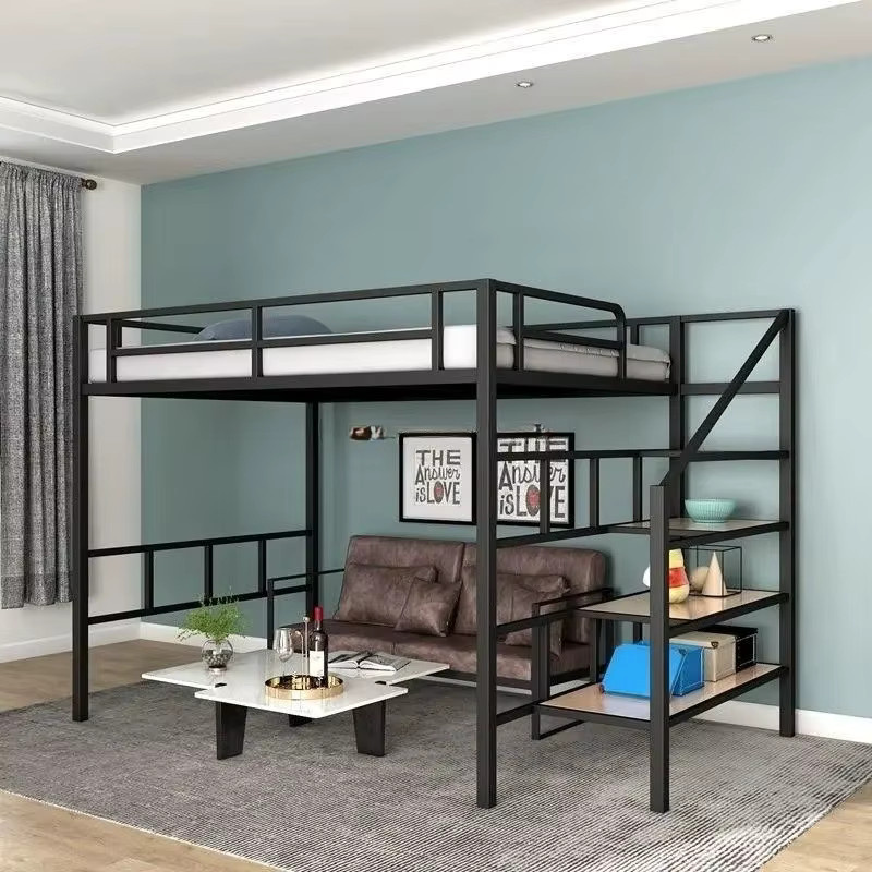 Hochbett aus Metall im Industrial-Design für Erwachsene, Loft-Kleinapartment mit Platz unter dem Bett, Schwarz, B/T: 120 x 200 cm - Bild 2