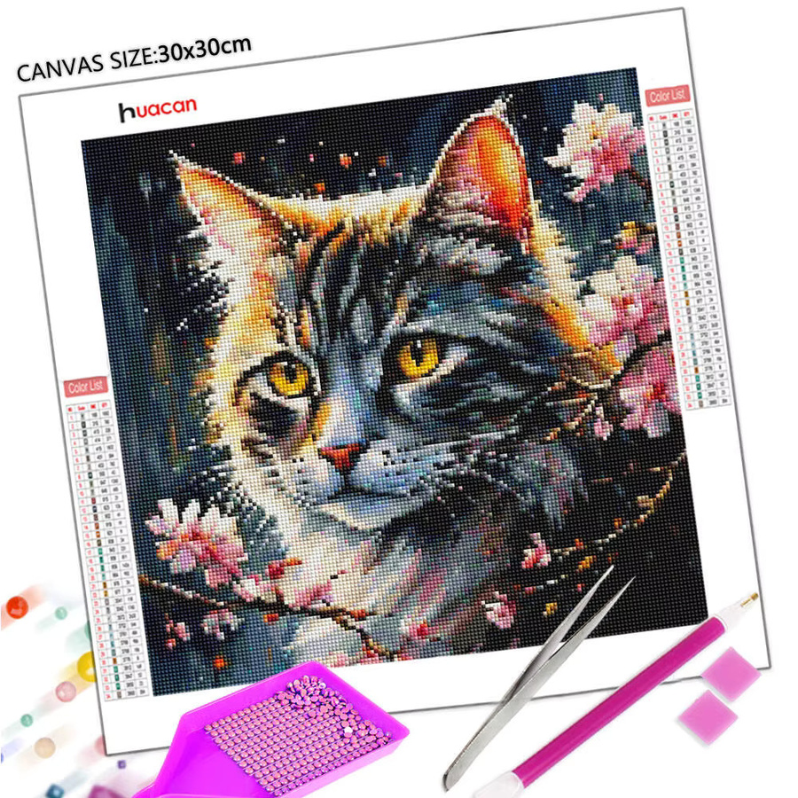 Huacan Diamantgemälde Katze mit Pflaumenblüten als Wanddekoration, Mehrfarbig, B/H: 20 x 20 cm - Bild 2