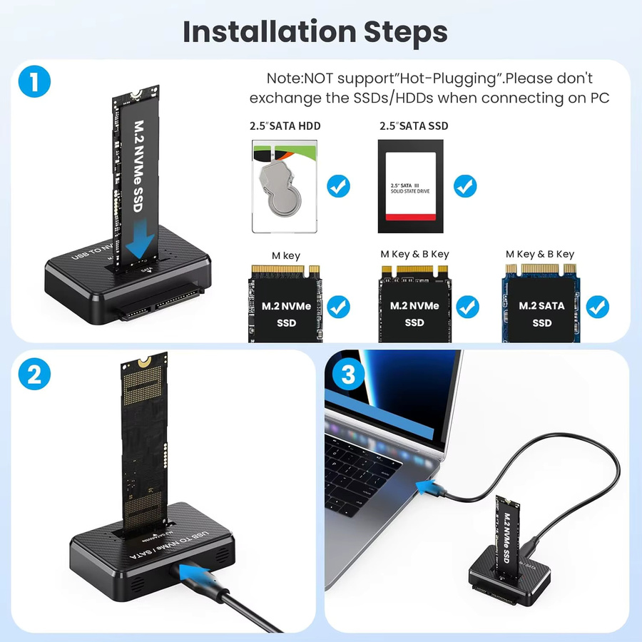 IRhasta SSD-Gehäuse USB 3.0 zu SATA Adapter für 2,5 Zoll HDD und M.2 NVMe SSD in Schwarz - Bild 5