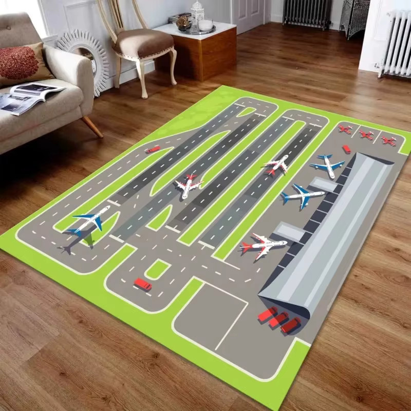 VIKAMA Kinderteppich Flughafen-Landebahn als rutschfeste Spielmatte für Wohnzimmer, Schlafzimmer und Kinderzimmer in Mehrfarbig - Bild 1