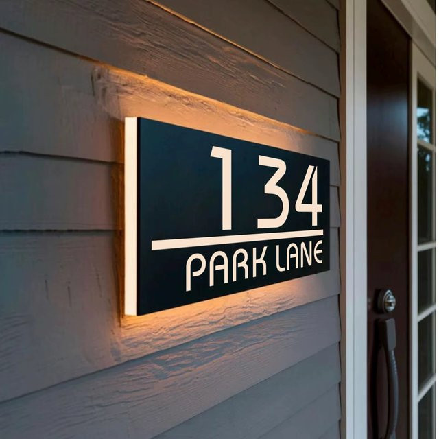 Personalisiertes LED-Hausnummernschild aus Acryl in Weiß mit warmweißem Up-Down-Licht für die Wand oder den Garten - Bild 1