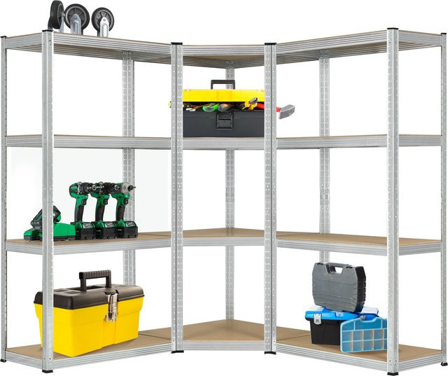 Juskys 3er Metall Regalsystem Easy mit 1 Eckregal und 2 Schwerlastregalen, Silber, 12 MDF Holz Böden, Tragkraft 960 kg - Bild 1