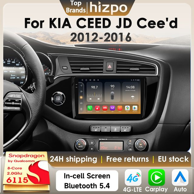 Hizpo Android 14 Autoradio für KIA CEED JD 2012-2016 mit 8GB RAM, 128GB Speicher, Snapdragon 6115, GPS, 4G, Carplay und 360 Cam in Schwarz - Bild 1