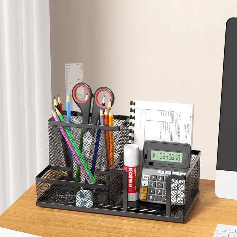 Schwarzer Mesh-Schreibtisch-Organizer aus Metall mit 3 Stufen, Stifthalter und Aufbewahrungskörben für Büro, Schule und Zuhause - Bild 4