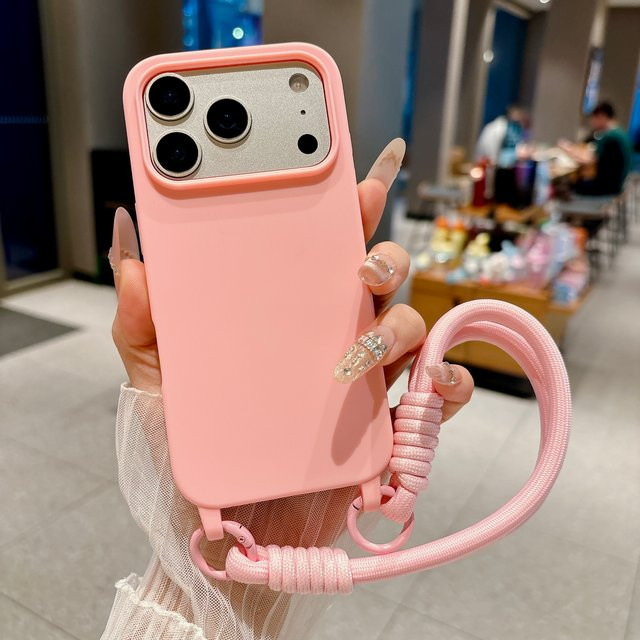 Stoßfeste Silikon-Schutzhülle für iPhone 17 Pro Max und 16 Pro Max mit modischem kurzem Trageriemen in Pink und Multicolour - Bild 1