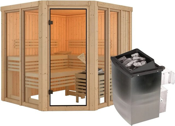 Karibu Sauna Airini in Braun mit integriertem 9 kW Ofen und naturbelassenem Holz