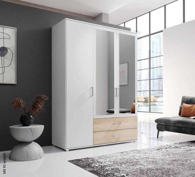 Kleiderschrank IKEA Ivar in Weiß mit integrierten Schubladen und Spiegel, B/H/T: 125 x 190 x 51 cm - Bild 1