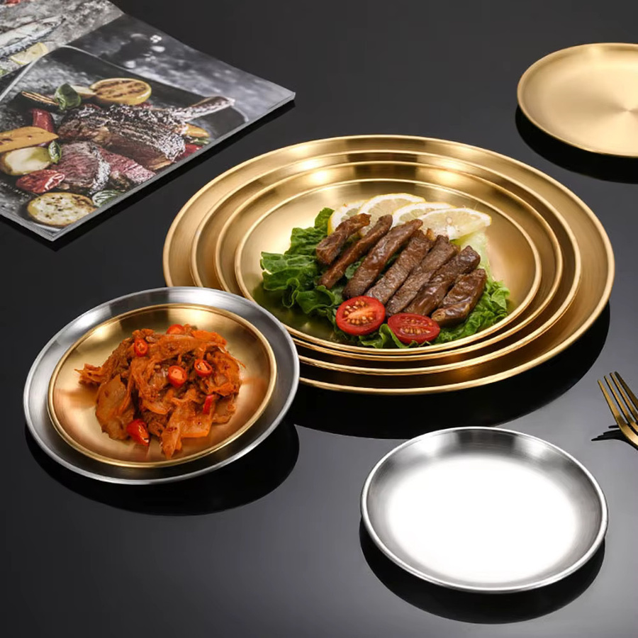 Goldenes Serviertablett aus Edelstahl rund für Obst, Kuchen und Snacks - Bild 3