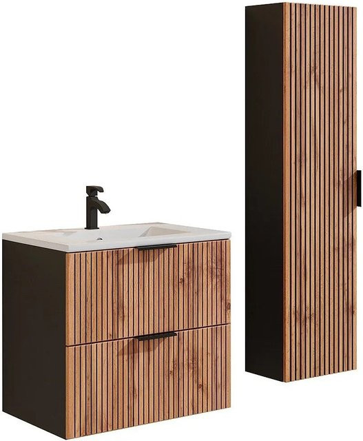 Vente-unique Badmöbel-Set Madela mit Waschbeckenunterschrank, Einbauwaschbecken und Badhochschrank in Schwarz und Naturfarben Hell mit Streifenoptik, Breite: 60 cm - Bild 1