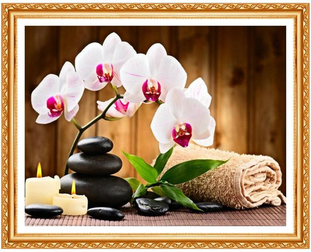 FIYO DIY Diamant Stickerei Set Orchidee mit runden Strass Steinen in Braun und Multicolour, Wanddekoration für Erwachsene, Breite: 30 cm, Höhe: 20 cm - Bild 1