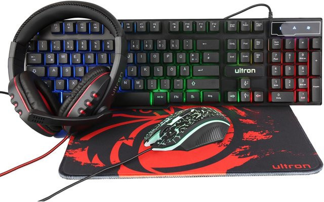 Ultron HAWK Gaming Set 4-in-1 LED Gaming Kit in Schwarz mit Tastatur, Maus, Headset und Mauspad - Bild 1