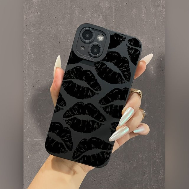 Handyhülle mit Lippen-Druckmuster in Schwarz aus TPU für iPhone 11 bis iPhone 17 Pro Max und weitere Modelle - Bild 1