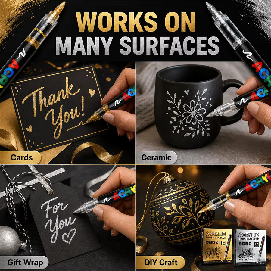 Hopk Acryl-Farbmarker Set mit 12 Farben inklusive Schwarz, Weiß, Gold und Silber als Pinselmarker für Kunstbedarf - Bild 3