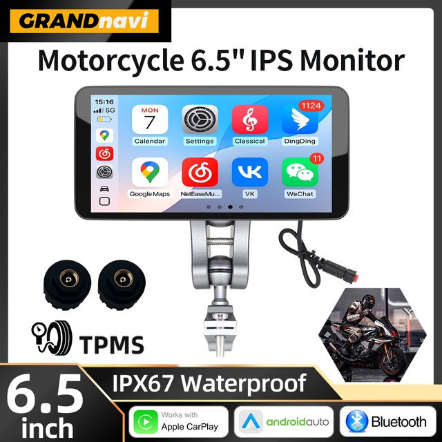 Grandnavi Tragbares 6,5 Zoll Motorrad Display mit Wireless CarPlay und Android Auto, IP67 Wasserdicht, Bluetooth, Schwarz - Bild 1
