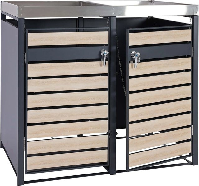 MCW 2er Mülltonnenverkleidung mit Pflanzkasten J81 in Anthrazit und Buche-Holzoptik aus Metall, B/T/H: 125 x 132 x 80 cm - Bild 2