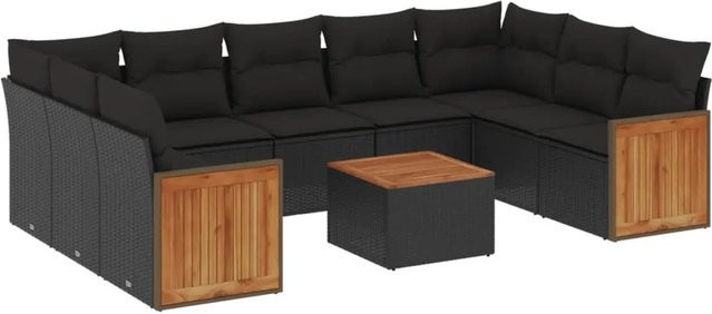 vidaXL 10-tlg. Garten-Sofagarnitur in L-Form aus Polyrattan mit Kissen in Schwarz - Bild 1