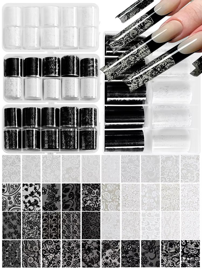 MingLee Nagelfolien Spitze Blumen, 10 Rollen, Schwarz Weiß, Unisex - Bild 5