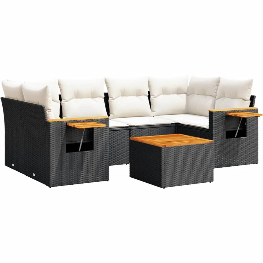 vidaXL 7-teilige Garten-Sofagarnitur aus Poly-Rattan und Akazienholz in Schwarz mit Kissen - Bild 2