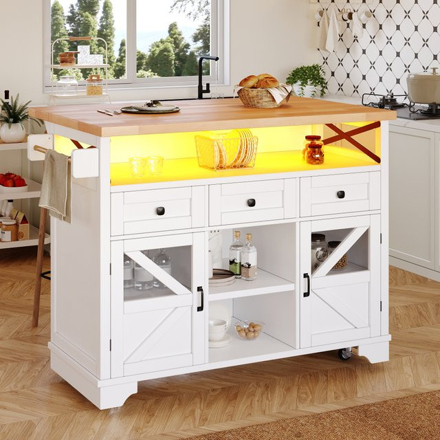 PINGGO Multifunktionale Kücheninsel in Weiss mit Klapptisch und LED-App Steuerung als mobiles Küchenwagen-Sideboard mit Stauraum - Bild 1