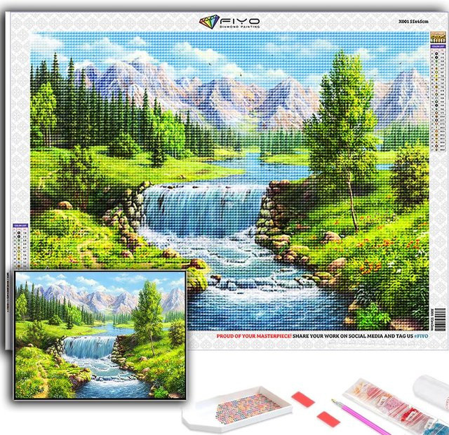 FIYO 5D DIY Kreuzstich Bastelset Berghütte Landschaft Vier Jahreszeiten Wanddeko B/H: 20 x 30 cm, Mehrfarbig - Bild 1