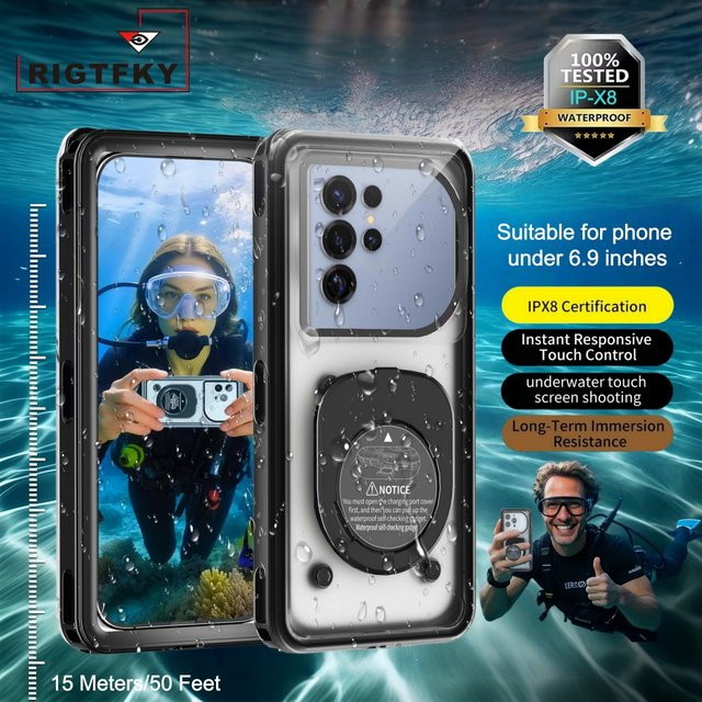 RIGTFKY Universelle Unterwasser-Handyhülle für iPhone, Huawei, Samsung und Google, 15 Meter Schwimmleine, Transparent, 6,9 Zoll wasserdicht - Bild 1