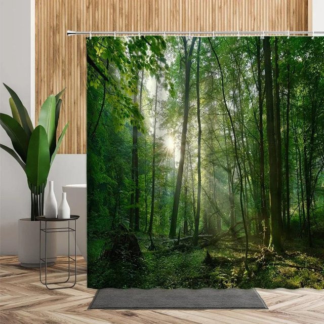 Wasserdichter 3D-Duschvorhang von Dunika Chen mit tropischem Wald-Motiv in Grün, B: 180 cm, H: 230 cm - Bild 1