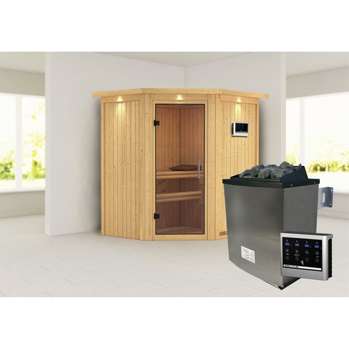 Karibu Sauna Narva aus Fichtenholz in Beige inklusive 9 kW Saunaofen mit externer Steuerung für 3 Personen, B/T/H: 202 x 184 x 165 cm - Bild 2