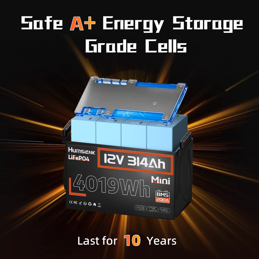 Humsienk LiFePO4 Batterie 12V 314Ah Schwarz Wiederaufladbare Mini-Batterie mit Tiefentladezyklus - Bild 2