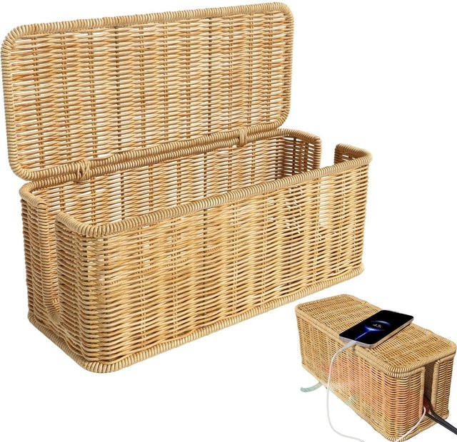 Handgefertigte Kabelmanagement-Box aus Rattan und Bambus in Beige mit 2 offenen Fächern - Bild 1