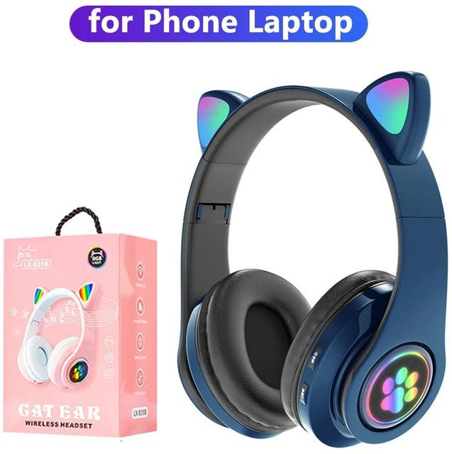 JQIQLY Bluetooth 5.0 Kopfhörer mit Katzenohren und RGB-Beleuchtung, kabellos und kabelgebunden, faltbar, Blau - Bild 1