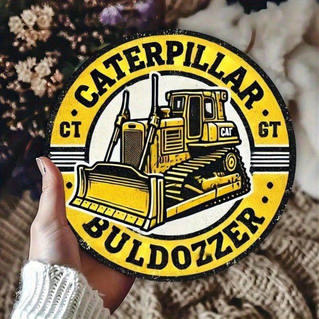 Caterpillar Bulldozer Vintage Metallschild rund in Gelb für deine Wanddekoration in Garage oder Bar - Bild 1