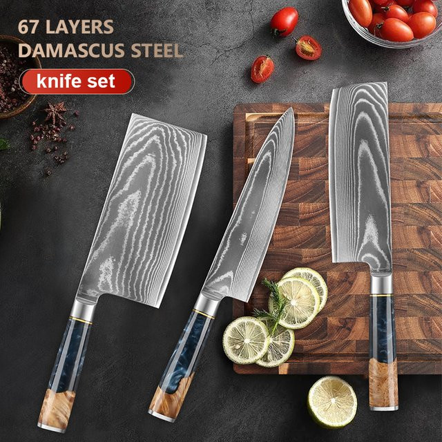 Baovim Damaskus Küchenmesser Set mit Nakiri- und Hackmesser sowie Harz-Holzgriff - Bild 1