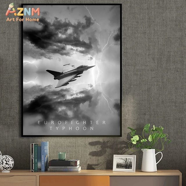 AZNM Eurofighter Typhoon Jet Fighter Leinwand-Wandkunst, Militärflieger-Poster mit stürmischem Himmel in Grau, ungerahmt - Bild 1
