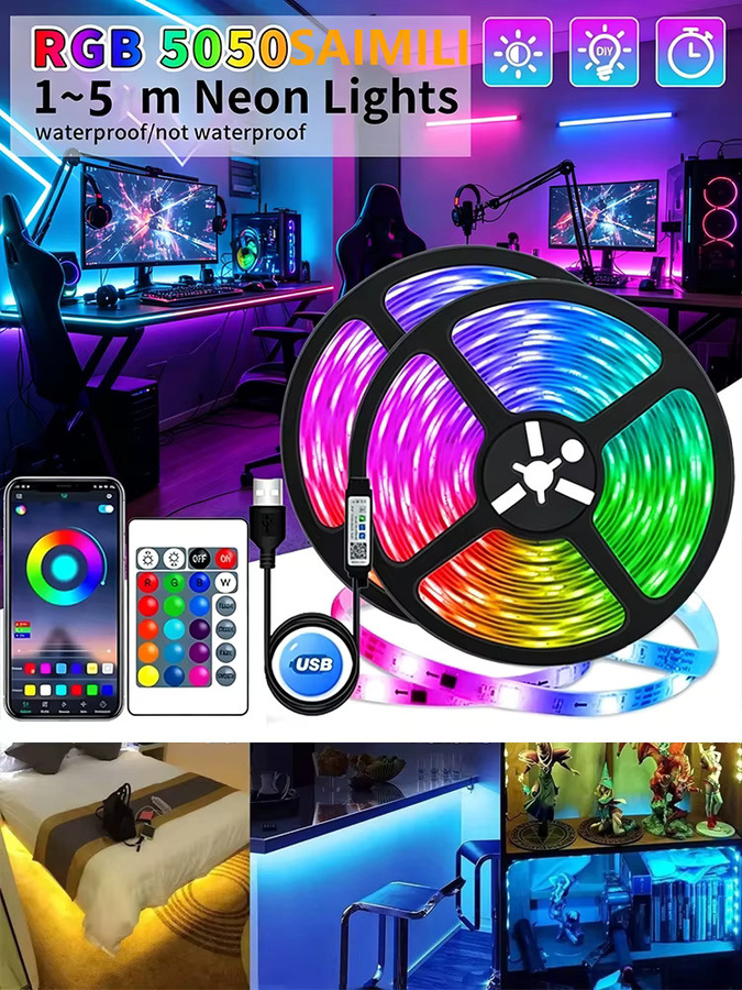 Saimili RGB LED Lichtstreifen mit Musik-Synchronisation und Fernbedienung, USB Gaming Beleuchtung für TV-Hintergrundbeleuchtung und Raumdekoration, Multicolour, Schwarz - Bild 6