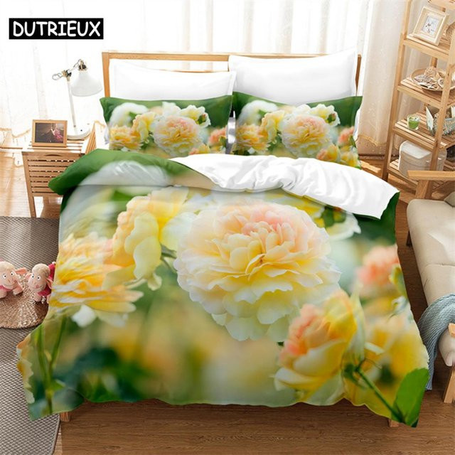 Creative Homewares Bettwäsche Set mit Blumen und grünen Blättern, 3-teilig, B/H: 135 x 200 cm - Bild 1