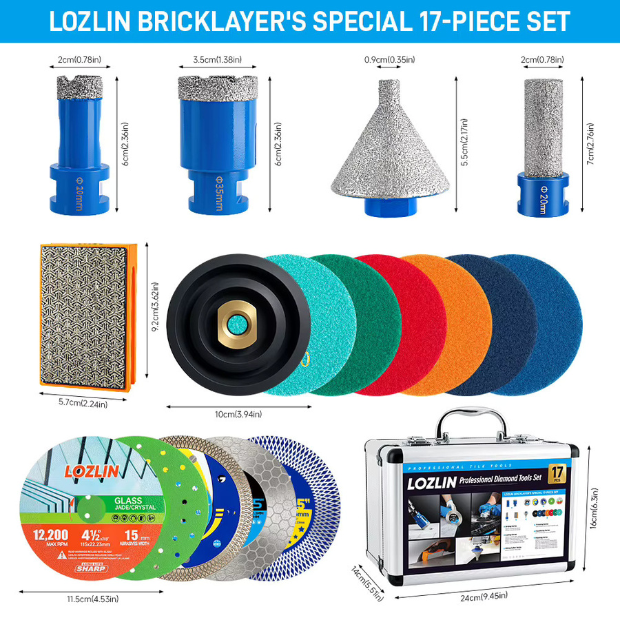 LOZLIN 17-teiliges Diamant-Fliesenwerkzeug-Set mit Bohrern, Sägeblättern, Fasenfräsern und Polierpads für Porzellan und Glas, M14 5/8-11 Gewinde, Mehrfarbig - Bild 2