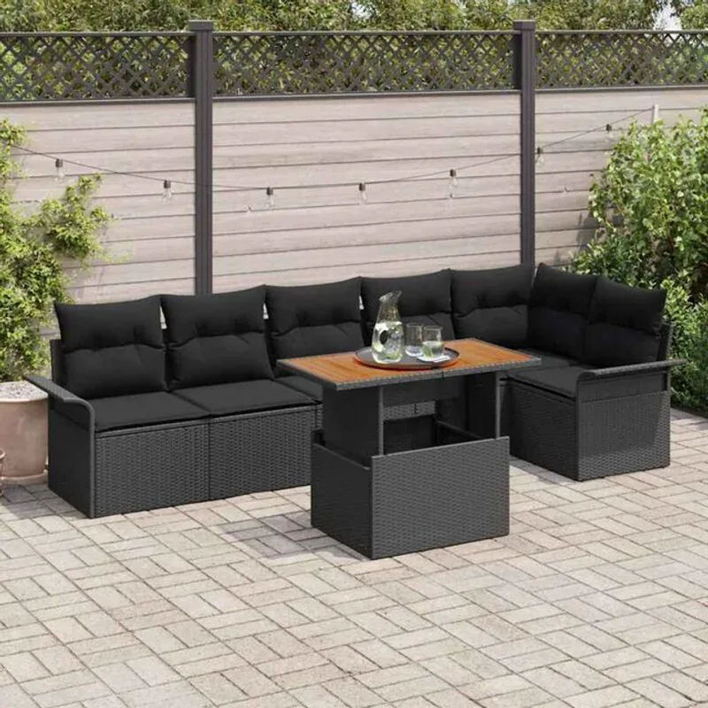 Vidaxl Garten-Sofa-Set aus Polyrattan mit 7-teiligem Loungemöbel-Set und Kissen, Schwarz, B/T/H: 100 x 55 x 73 cm - Bild 1