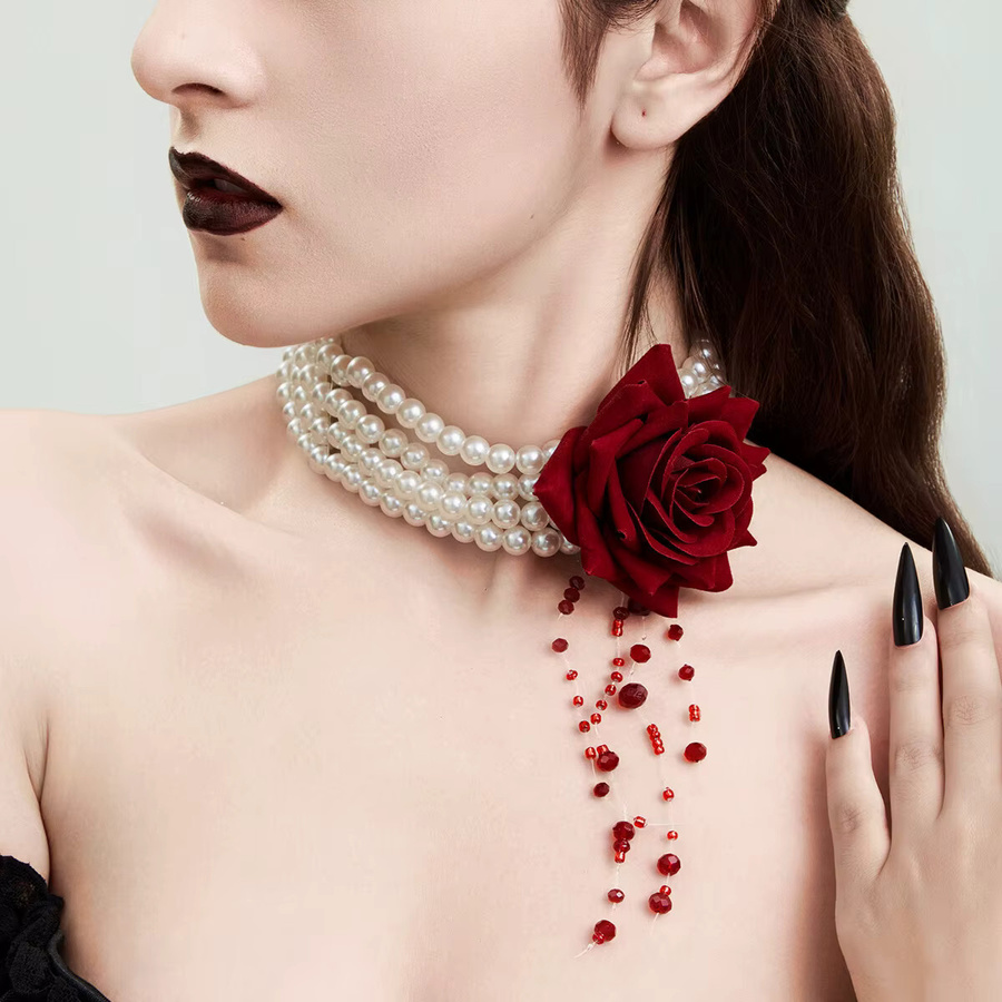 Ingemark Halskette, Rose Blume, Imitation Perle, roter Kristall, Damen - Bild 2