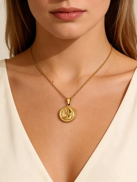 MECYLIFE Halskette Edelstahl, Gold, Damen, Halbmond-Münz-Halskette - Bild 1