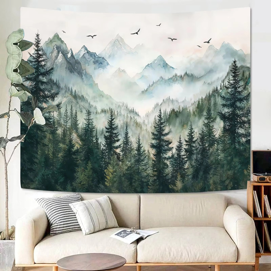 VIKAMA Wandteppich Nebelwald mit Vögeln in Aquarell-Optik, Mehrfarbig, Landschafts-Wandbehang aus Textil und Kiefernholz - Bild 2