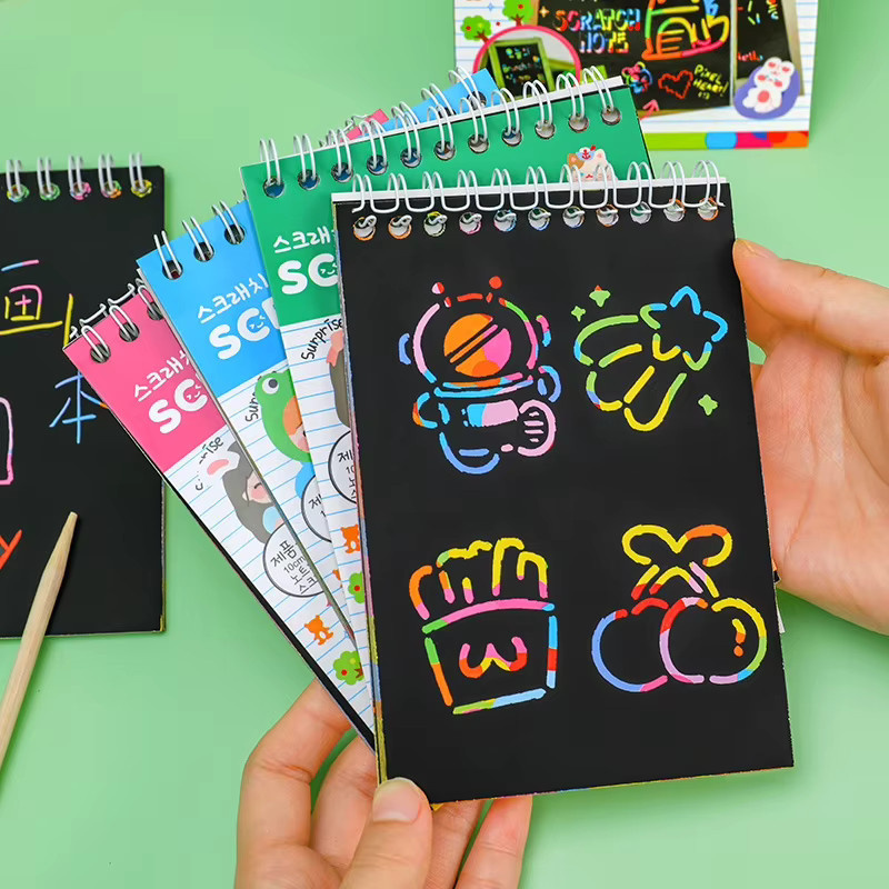 Kreatives Cartoon-Zeichnungs-Kratznotizbuch mit 10 Blättern und Bambusstift in Orange, doppelseitiges Graffiti-Buch für Kratzkunst - Bild 3