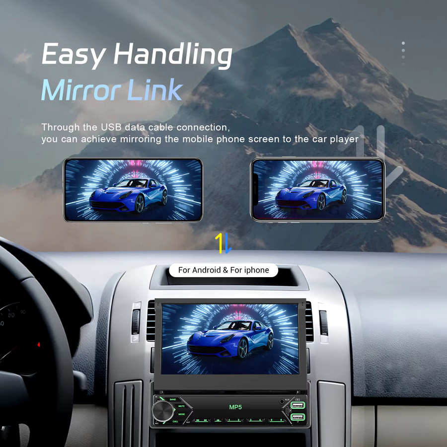 Podofo 7-Zoll-Autoradio mit einziehbarem Bildschirm, Bluetooth, 1 DIN, Unterstützung für Rückfahrkamera, TF-Karte und U-Disk, Schwarz - Bild 2