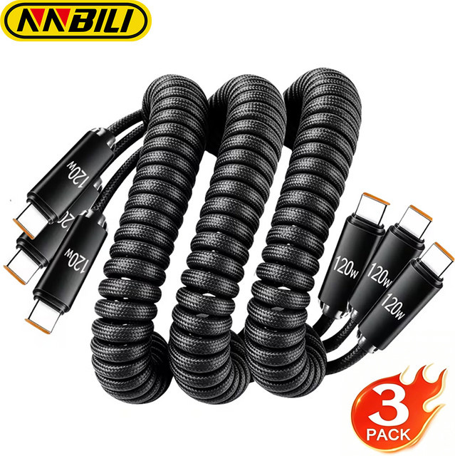 NNBILI 3er-Set USB-C auf USB-C Spiralkabel mit 120W Schnellladung in Schwarz und Grün - Bild 1