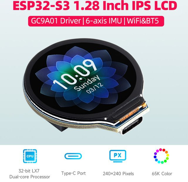 SHCHV ESP32-S3 Entwicklungsboard mit 1,28 Zoll rundem IPS LCD, GC9A01 Driver, WiFi und Bluetooth 5 BLE, Typ-C Anschluss - Bild 1