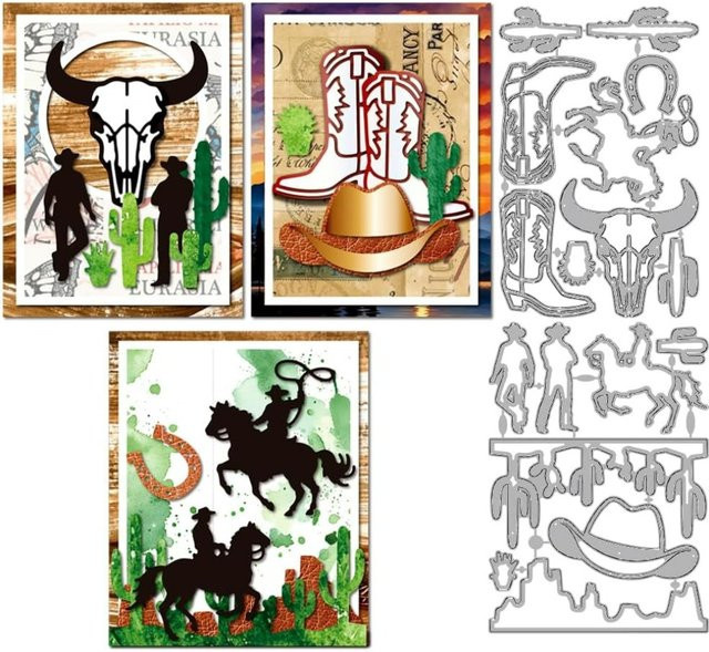 Western Cowboy Metall Stanzformen Set mit Kuh Schädel, Pferd, Wüste und Kaktus für Scrapbooking in Silber - Bild 1