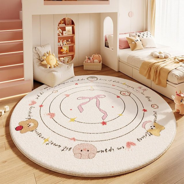 Runder Plüschteppich JGJG in Weiß im Cartoon-Stil, rutschfeste und waschbare Bettvorlegematte für Schlafzimmer und Wohnzimmer, Durchmesser: 100 cm - Bild 1