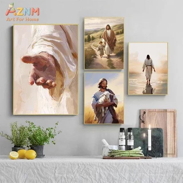 AZNM Moderne Christliche Jesus Leinwand Wandkunst Der Gute Hirte auf dem Wasser Multicolour Rahmenloses Spirituelles Ölgemälde - Bild 1