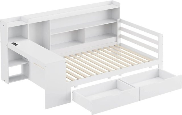 Merax Schlafsofa aus Massivholz mit USB-Anschluss und Regal in Weiß - Bild 1