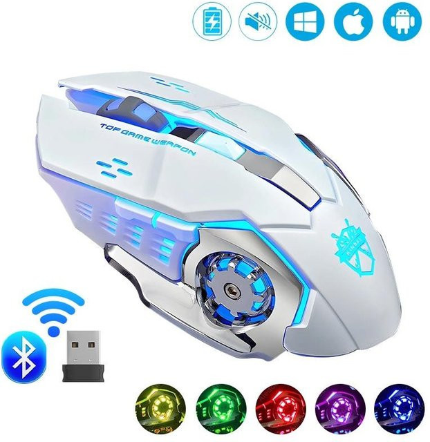 YJMP Kabellose Gaming Maus mit Bluetooth und 2.4G USB, RGB Hintergrundbeleuchtung, mechanische E-Sports Maus für PC und Laptop, Weiß - Bild 1
